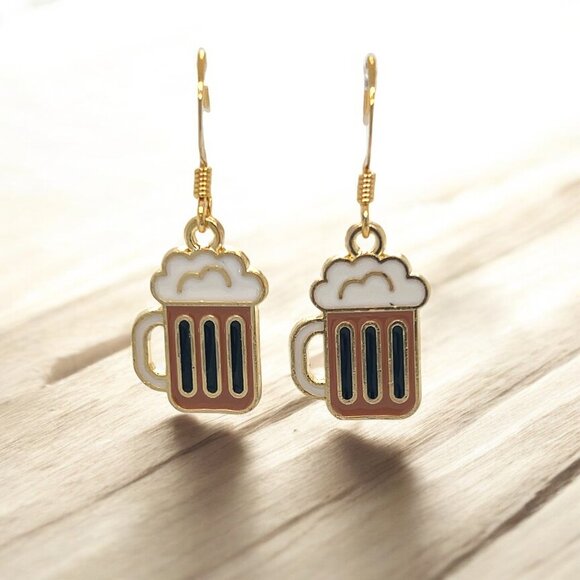 Jewelry - Gold Tone Enameled Beer Mug Earrings